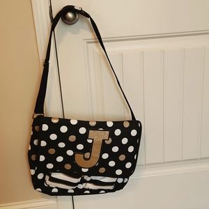 Girls Justice "J"  inital black messenger bag  w/gold & white polka dots